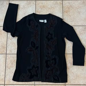 Chicos Travelers Black Cardigan w/ Lace & Velvet Appliqué Trim, Size‎ 2 (L)